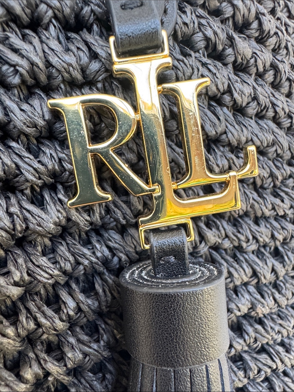 Lauren Ralph Lauren black Crochet straw Whitney tote "RL" monogram tassel charm - Picture 2 of 10